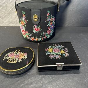Floral Embroidered Black Bucket Bag 3 piece set